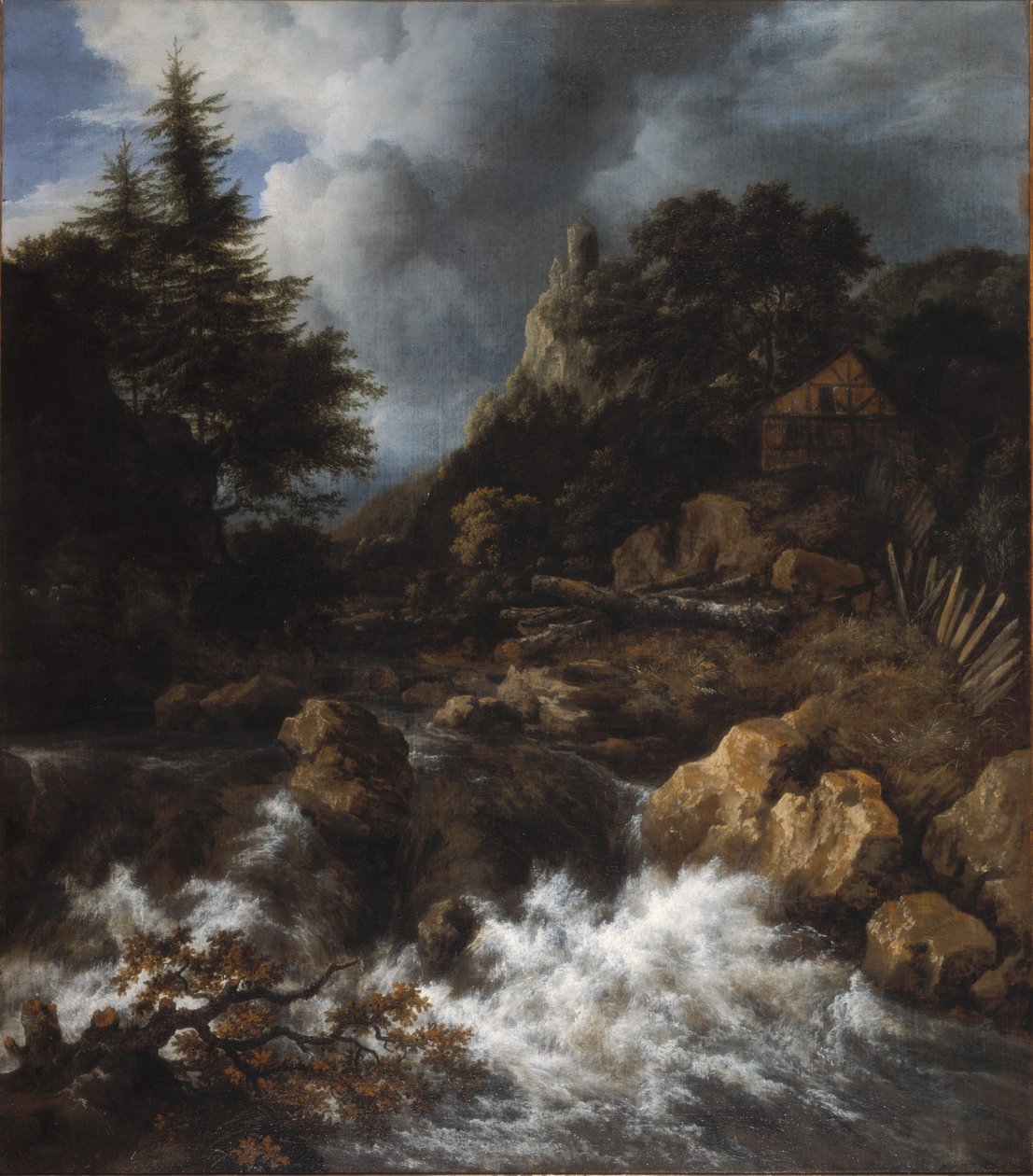 Vandfald med bindingsværkshus og slot af Jacob van Ruisdael