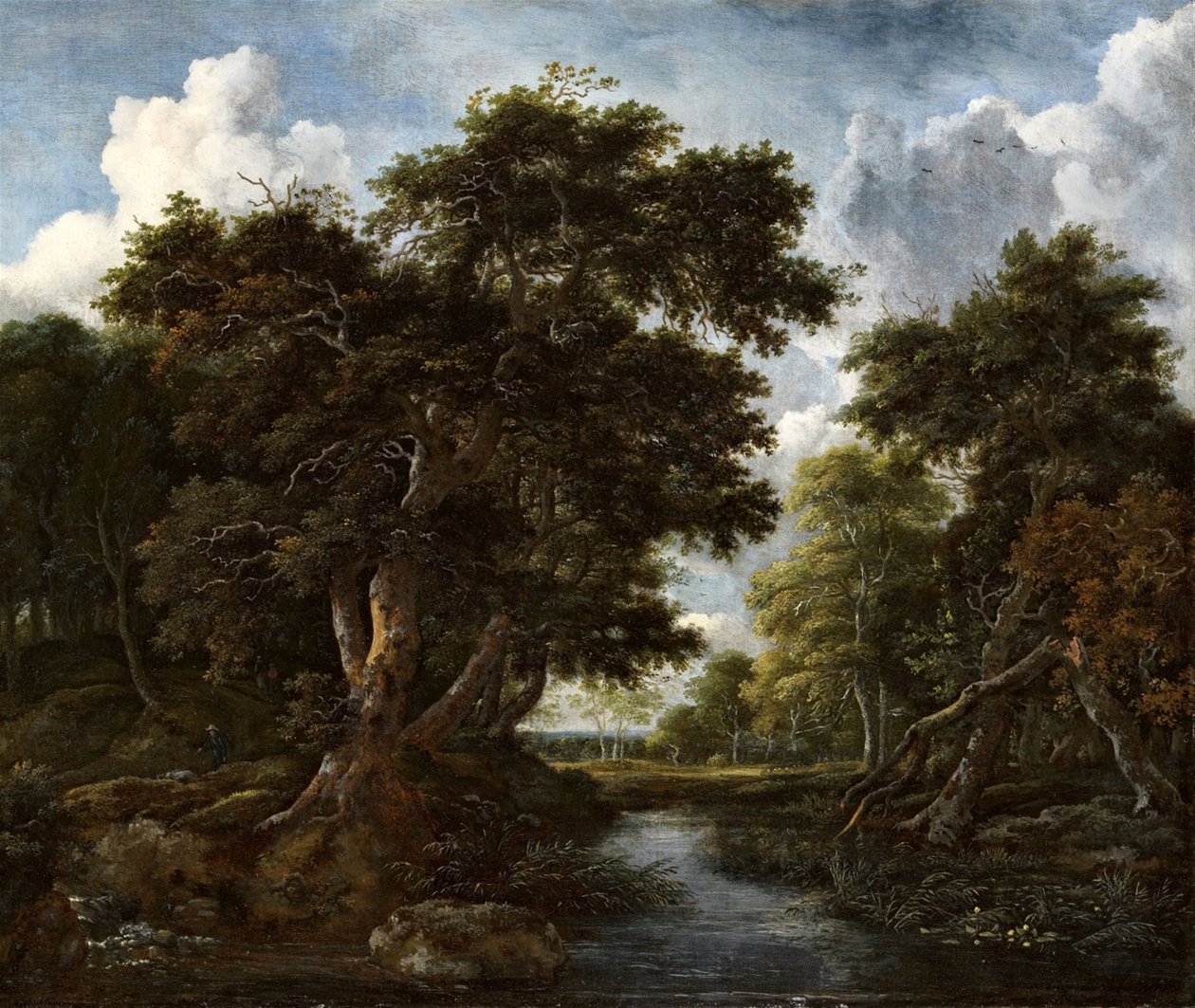 Skovlandskab med jægere og en flod af Jacob van Ruisdael