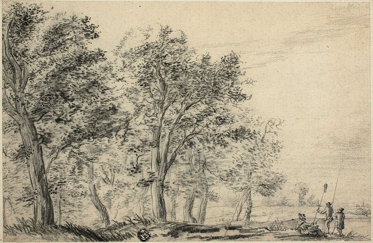 Skovklædt flodlandskab med tre personer, der fisker af Jacob van Ruisdael