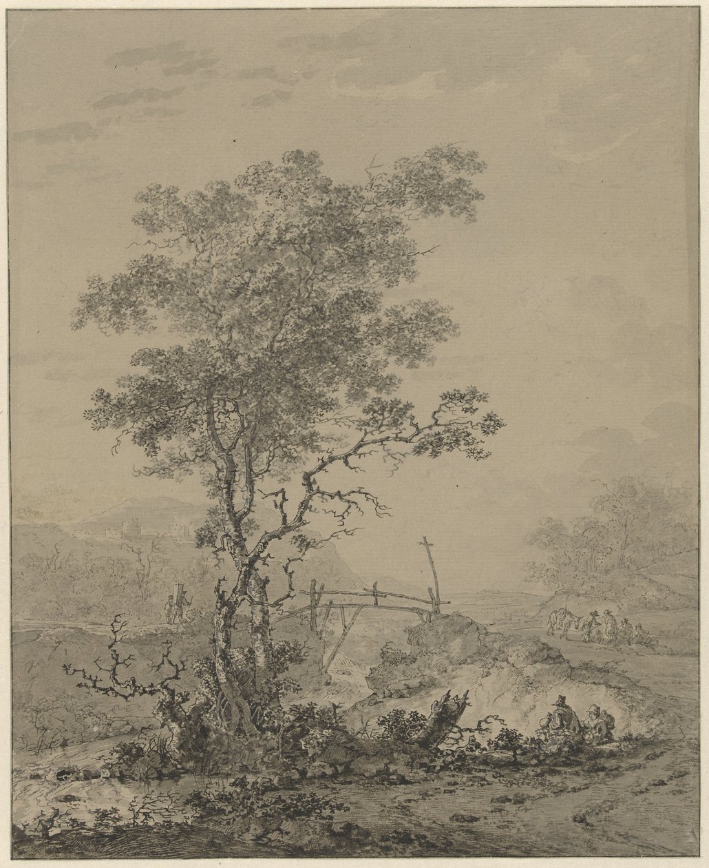 Bjerget landskab med et træ ved en flod, en bro og nogle figurer af Jacob van Strij