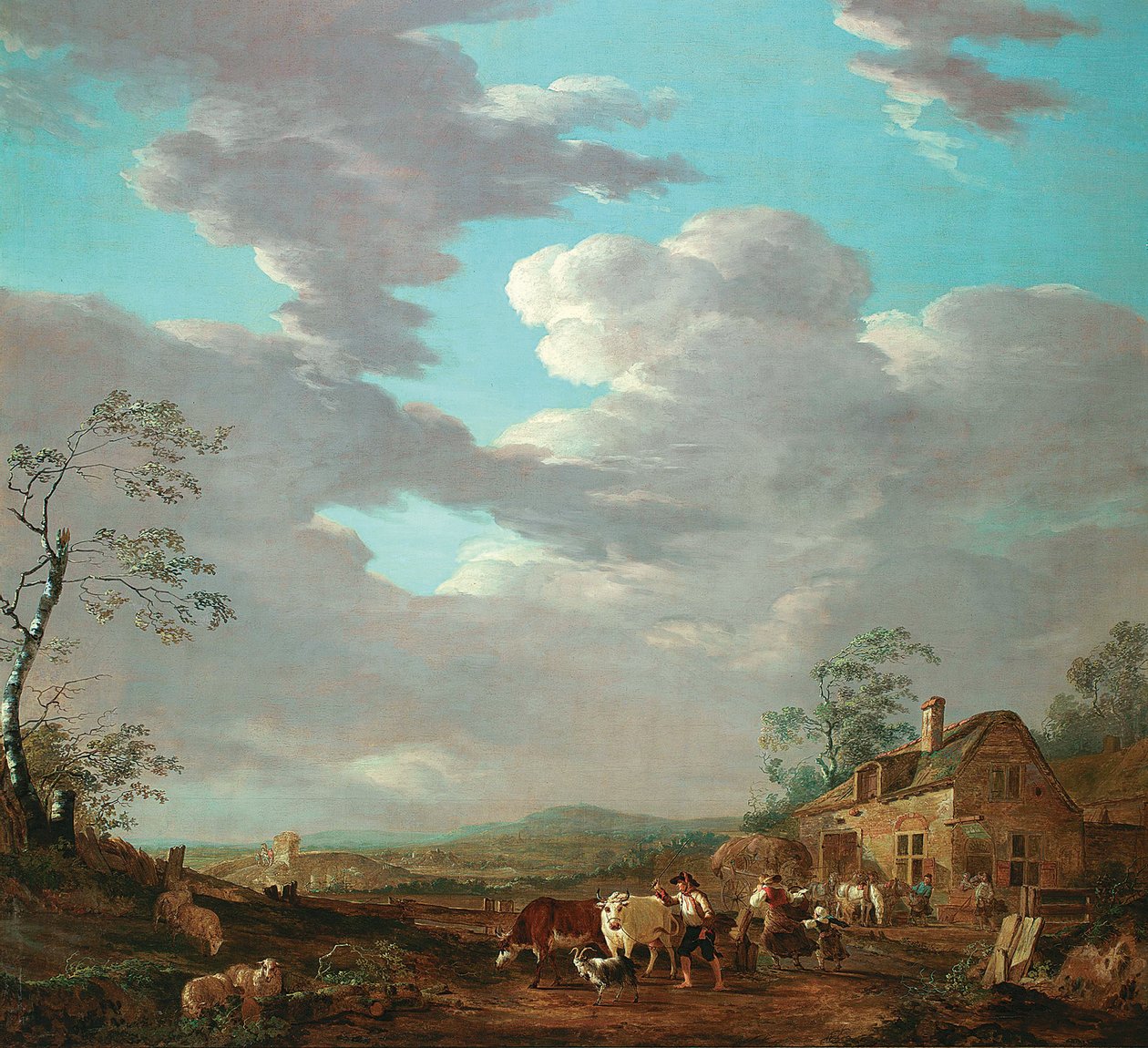 Hollandsk: Landskab med figurer og kvæg nær en kro af Jacob van Strij
