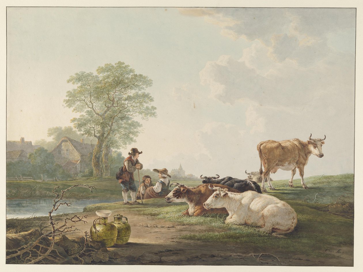 Landfolk ved hvilende kvæg i et hollandsk landskab af Jacob van Strij