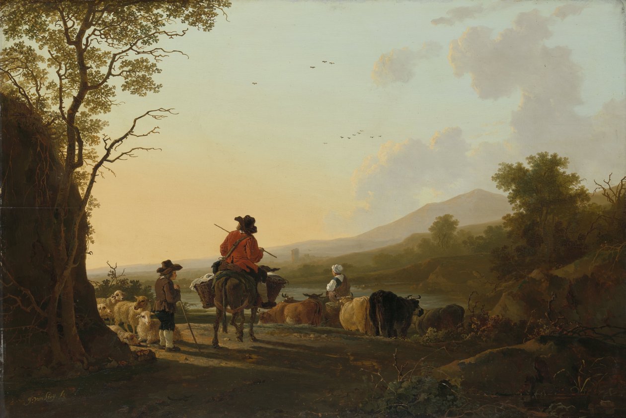 Landskab med kvægdriver og hyrde, c.1780-85 af Jacob van Strij