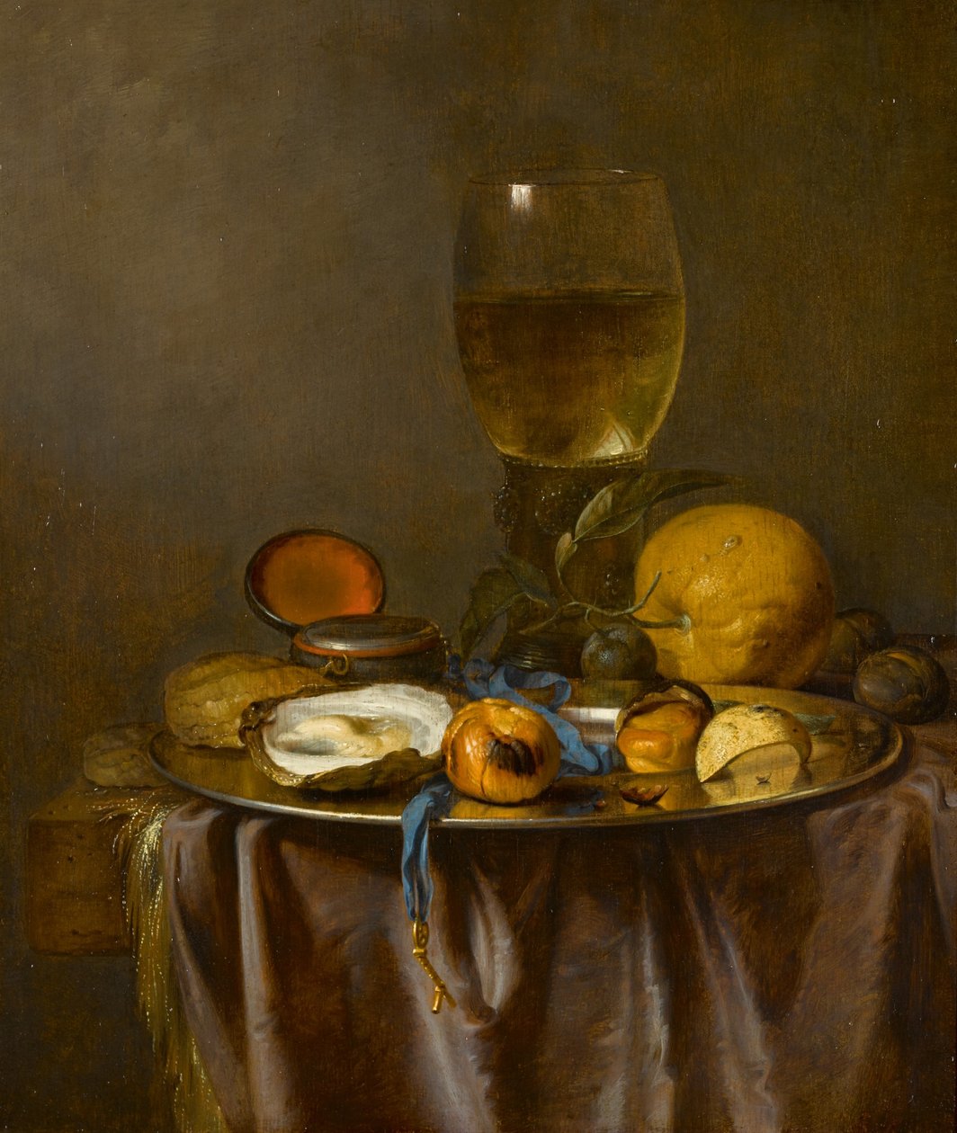Stilleben med rombe, ur, østers og frugt af Jacob van Walscapelle