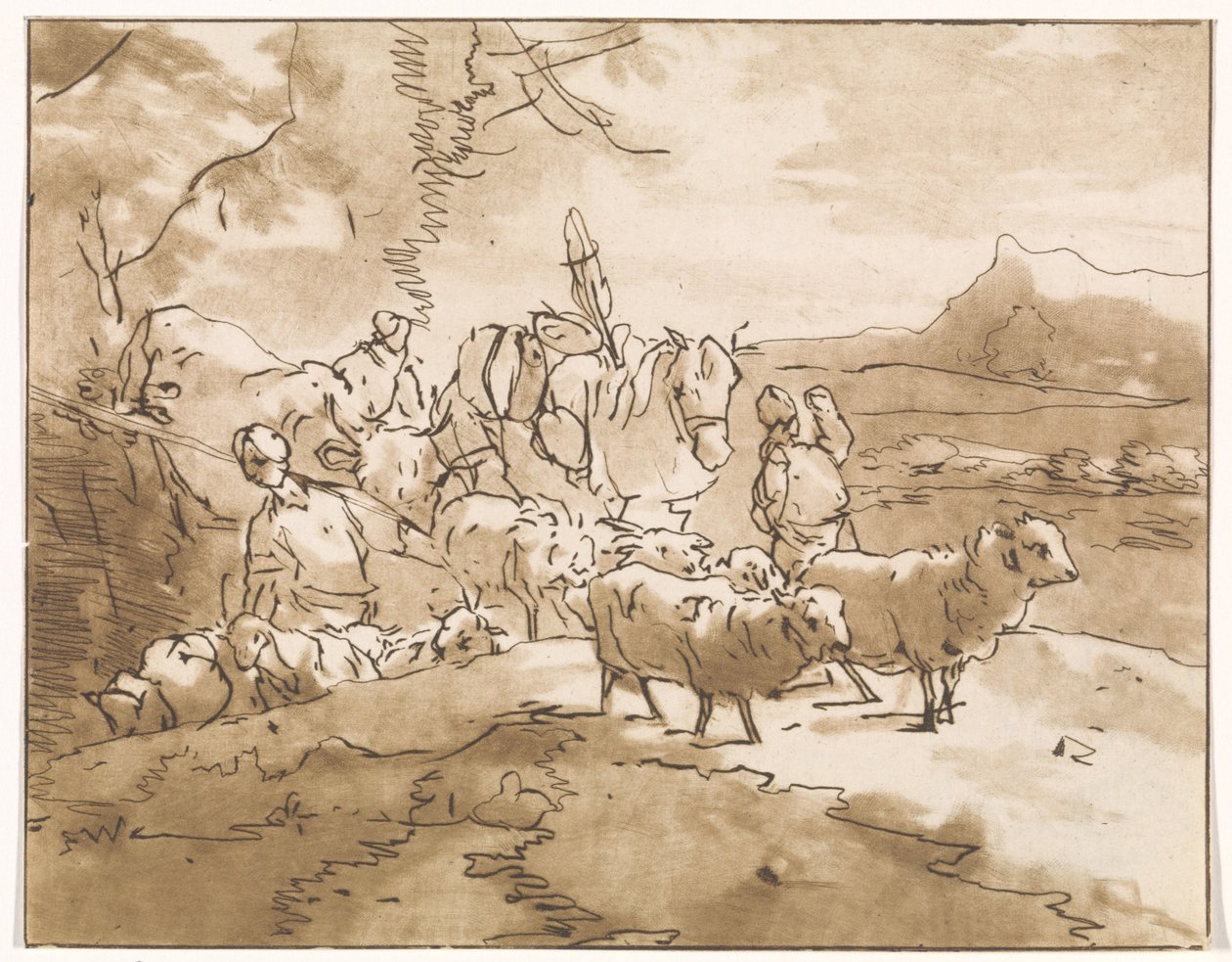 Hyrder med kvæg i et bjerglandskab af Jacob van de Velde (graveur)