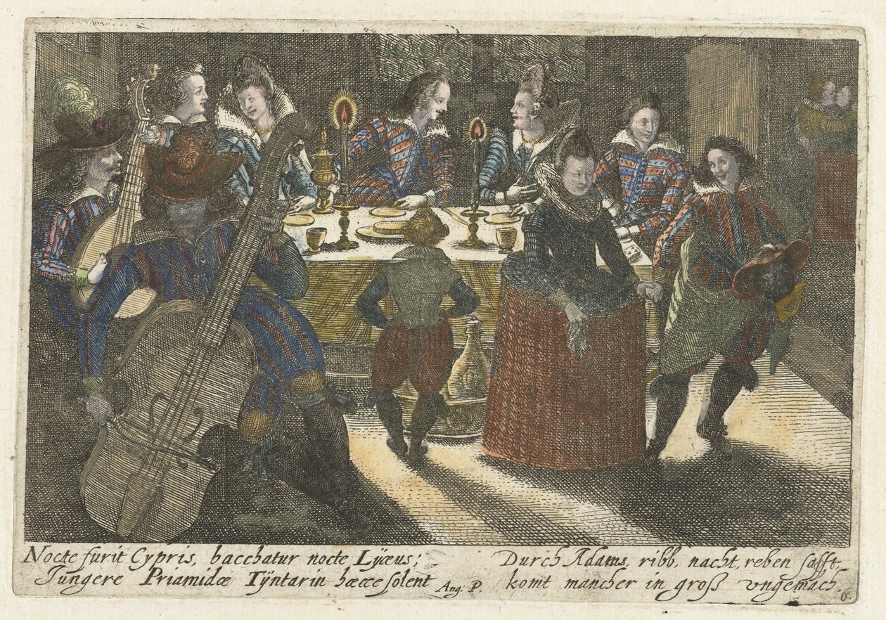 Dinerende studerende og musik En forkæmper for ikonografiske vittigheder blandt studerende (...) (serietitel) af Jacob van der Heyden