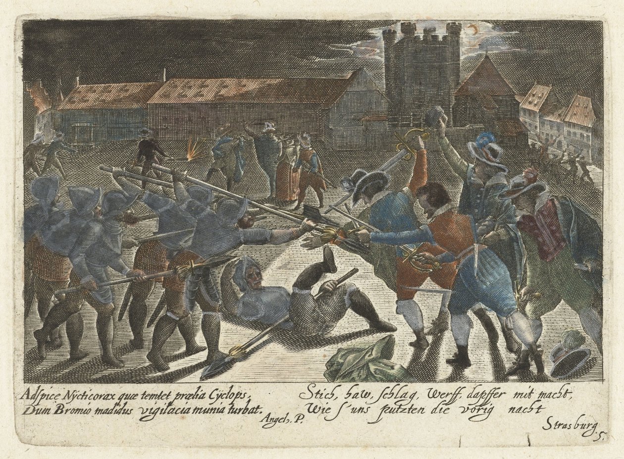 Gevecht mellem studerende og soldater En forkæmper for ikonografiske vittigheder blandt studerende (...) (serietitel) af Jacob van der Heyden