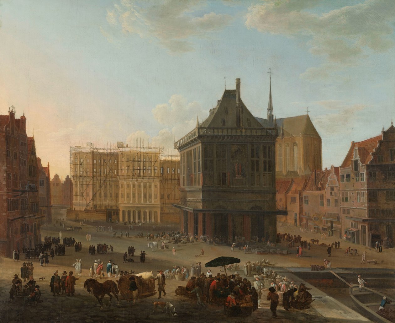 Dæmningen i Amsterdam med det nye rådhus under opførelse af Jacob van der Ulft (attributed to)