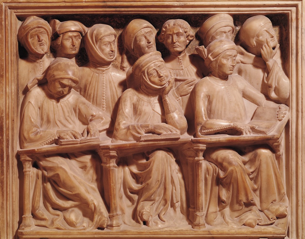 Gruppe af studerende fra Bologna, fra Giovanni da Legnanos grav (marmor) af Jacobello and Pier Paolo dalle Masegne