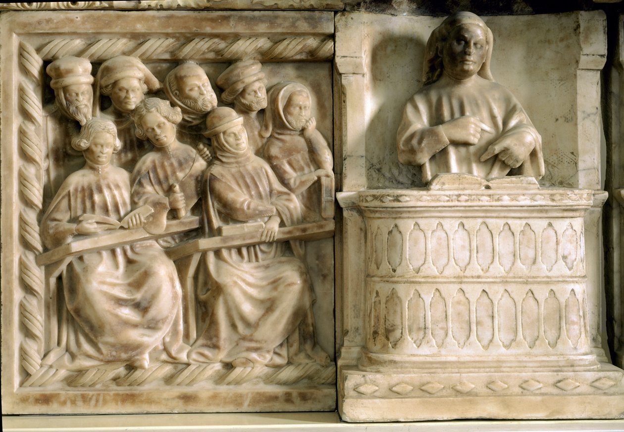 Begravelsesmonument for Carlo, Roberto og Riccardo da Saliceto: studerende, der deltager i et kursus (skulptur, ca. 1403) af Jacobello and Pier Paolo dalle Masegne