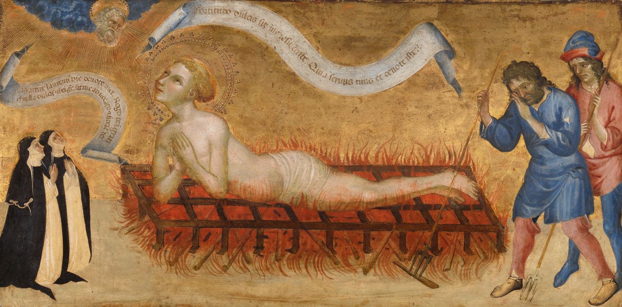 Saint Lawrences martyrium med to benediktinernonner af Jacobello del Fiore