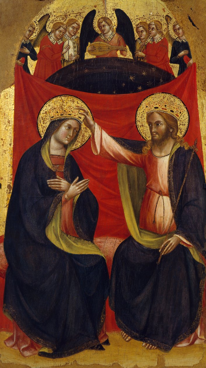 Jomfruens kroning, detalje fra det centrale panel af Triptykon med Jomfruens kroning og de hellige af Jacobello af Bonomo (aktiv 1375-1385), panel af Jacobello di Bonomo