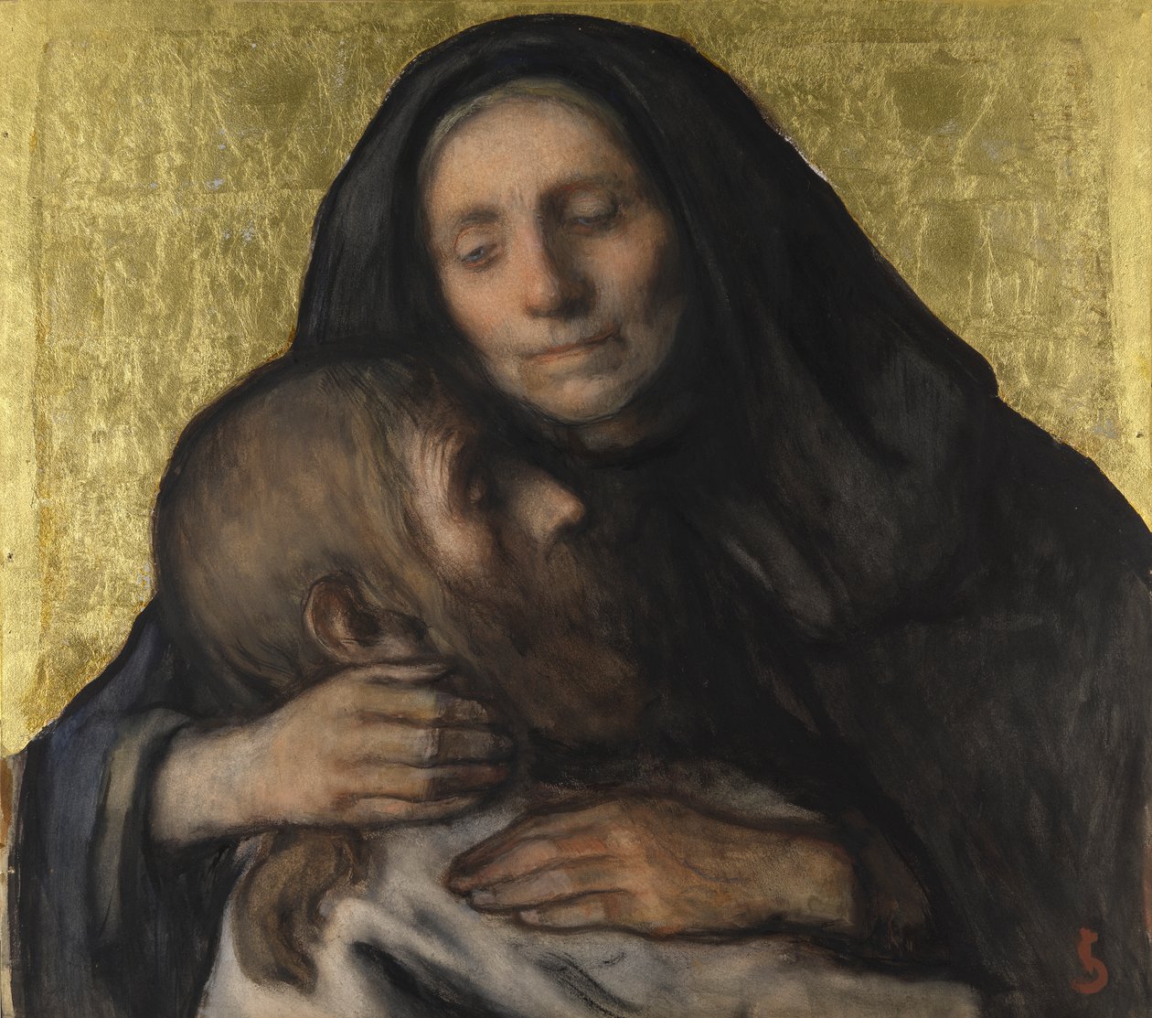 Pietà (gouache på papir med bladguld) af Jacobs Smits