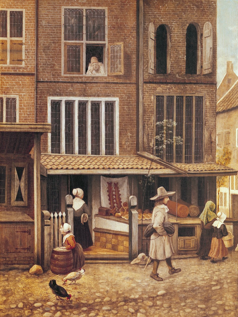 Hjørne af en by med et bageri af Jacobus Vrel or Frel