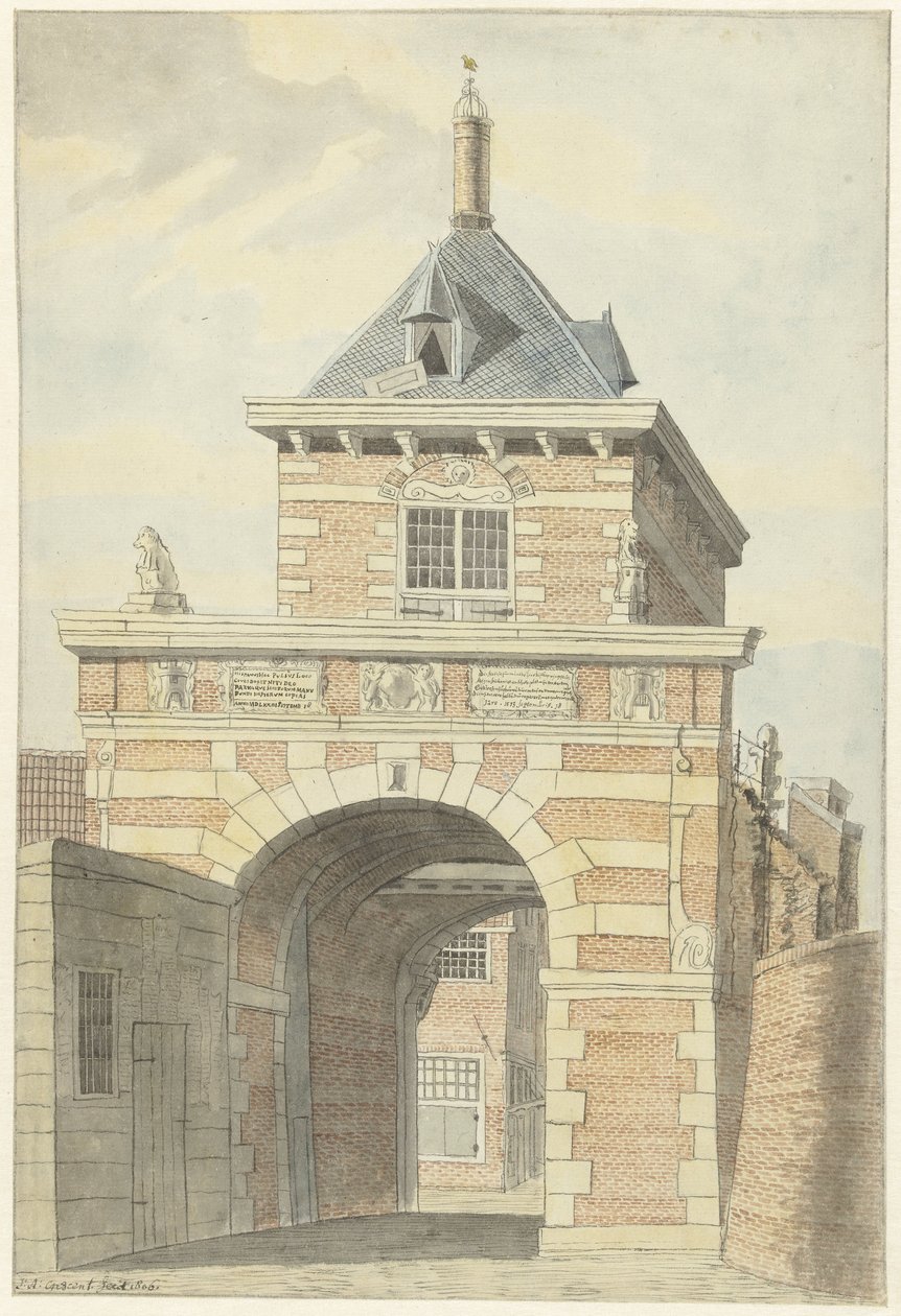 Udsigt over den gamle Vriesche Poort i Alkmaar af Jacobus Andreas Crescent