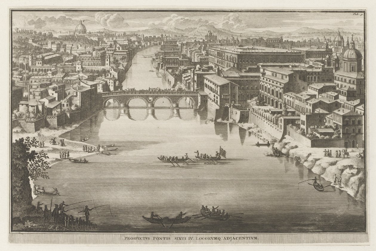 Udsigt over Rom med Ponte Sisto over floden Tiberen Prospekt Pontis Sixti IV locorumq adjadentium (titel på objektet) Udsigt over Rom (serietitel) La Galerie agreable du mond (...) divisée en LXVI tomes...Cette partie comprend le Rome moderne af Jacobus Baptist