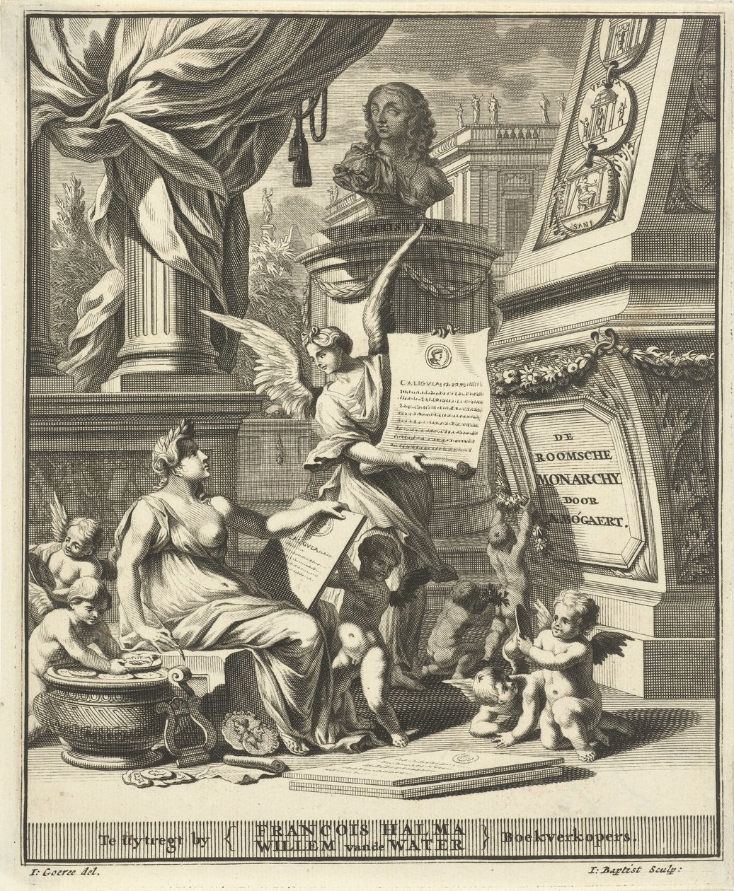 Titelside for A. Bogaert, Det romerske monarki, vist på mønterne fra de vestlige og østlige kejsere, Utrecht 1697 af Jacobus Baptist