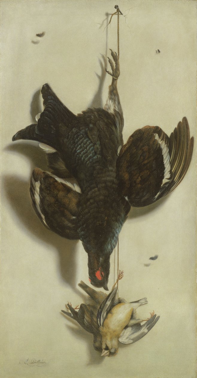 Trompe loeil af en orrfugl og finker af Jacobus Biltius