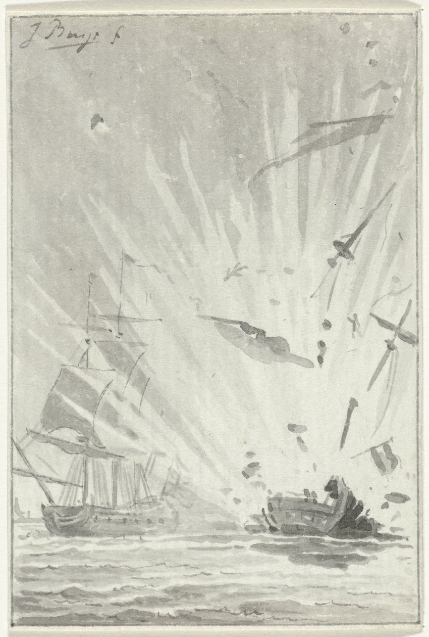 Eksplosion af den hollandske kaper De Dappere Patriot i kamp med det engelske skib Kameleon, 14. august 1781 af Jacobus Buys