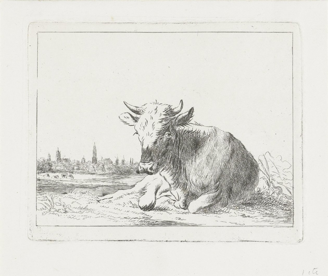 Tilbagelænet ko, i baggrunden en by af Jacobus Cornelis Gaal