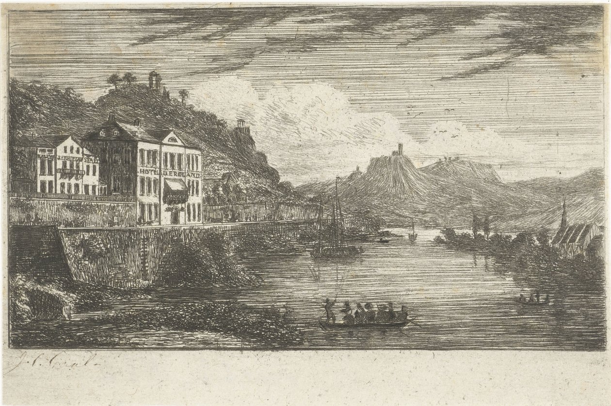 Flodlandskab med hotel på kajen af Jacobus Cornelis Gaal
