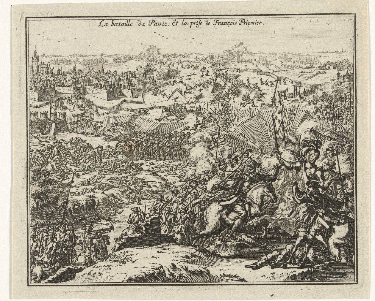 Slaget ved Pavia Fængsling af Frans I, konge af Frankrig La bataille de Pavie. Et la prize de François Priemier (titel på objekt) af Jacobus Harrewijn