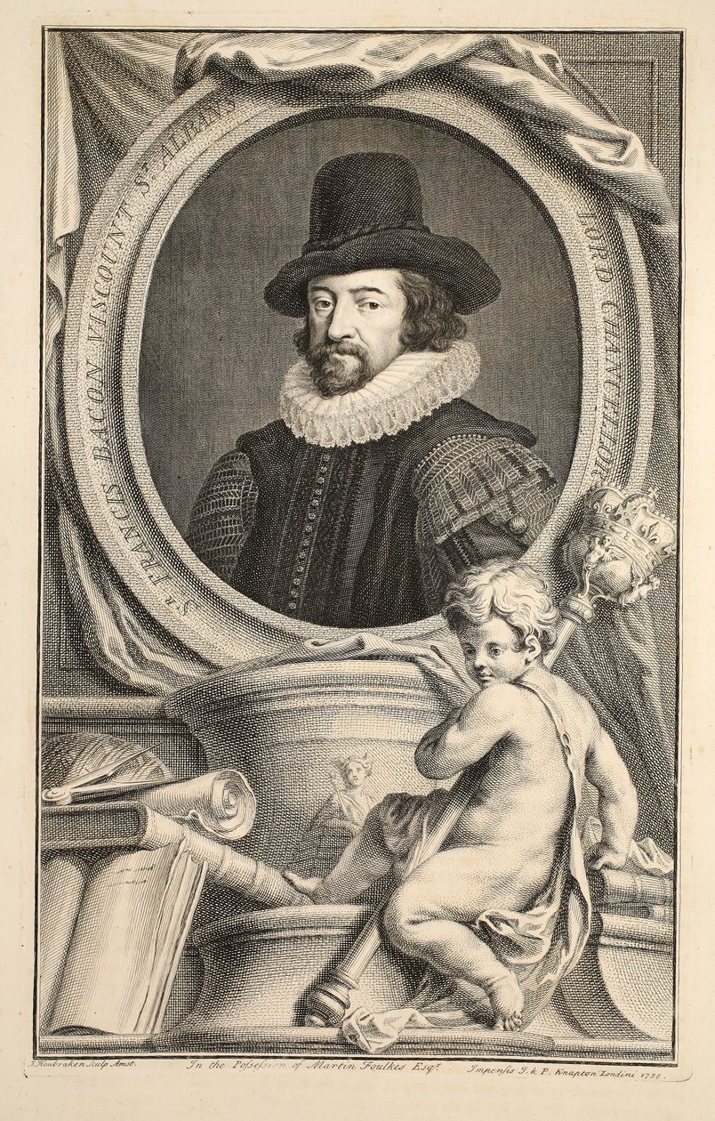 Portræt af Francis Bacon, viscount of St Albans, illustration fra "Heads of Illustrious Persons of Great Britain", udgivet af Knapton, London 1742 af Jacobus Houbraken