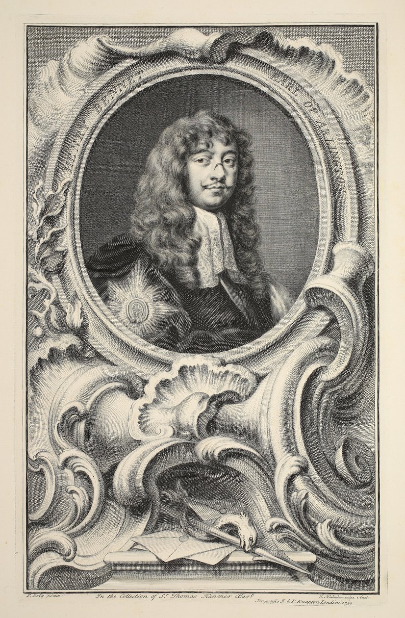 Portræt af Henry Bennet, jarl af Arlington, illustration fra "Heads of Illustrious Persons of Great Britain", udgivet af Knapton, London 1742 af Jacobus Houbraken