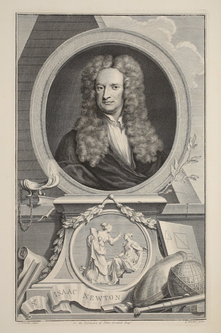 Portræt af Isaac Newton, illustration fra "Heads of Illustrious Persons of Great Britain", udgivet af Knapton, London 1742 af Jacobus Houbraken