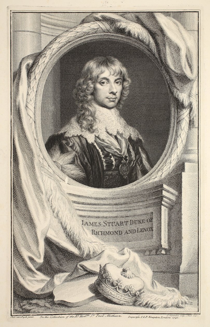 Portræt af James Stuart, hertug af Richmond og Lennox, illustration fra "Heads of Illustrious Persons of Great Britain", udgivet af Knapton, London 1742 af Jacobus Houbraken