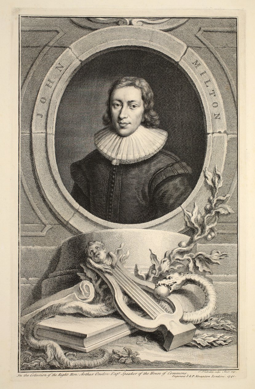 Portræt af John Milton, illustration fra "Heads of Illustrious Persons of Great Britain", udgivet af Knapton, London 1742 af Jacobus Houbraken
