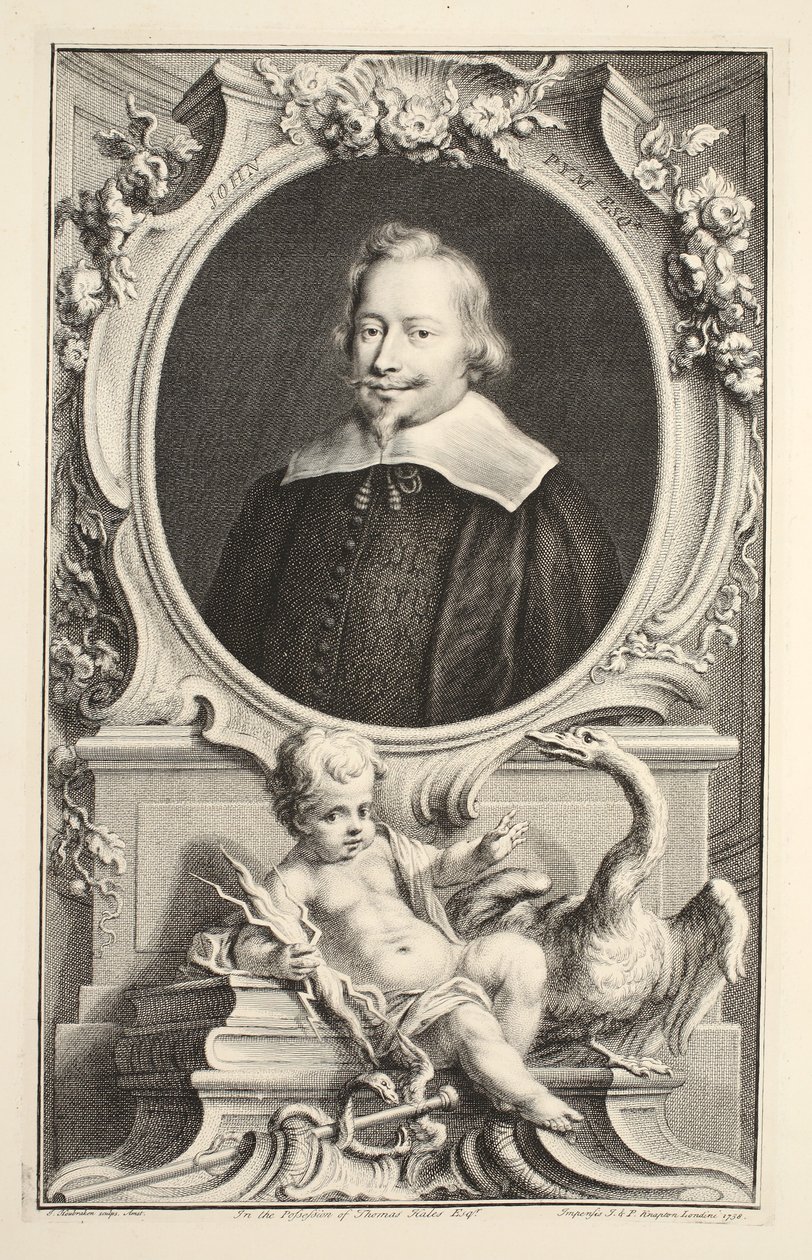 Portræt af John Pym, illustration fra "Heads of Illustrious Persons of Great Britain", udgivet af Knapton, London 1742 af Jacobus Houbraken