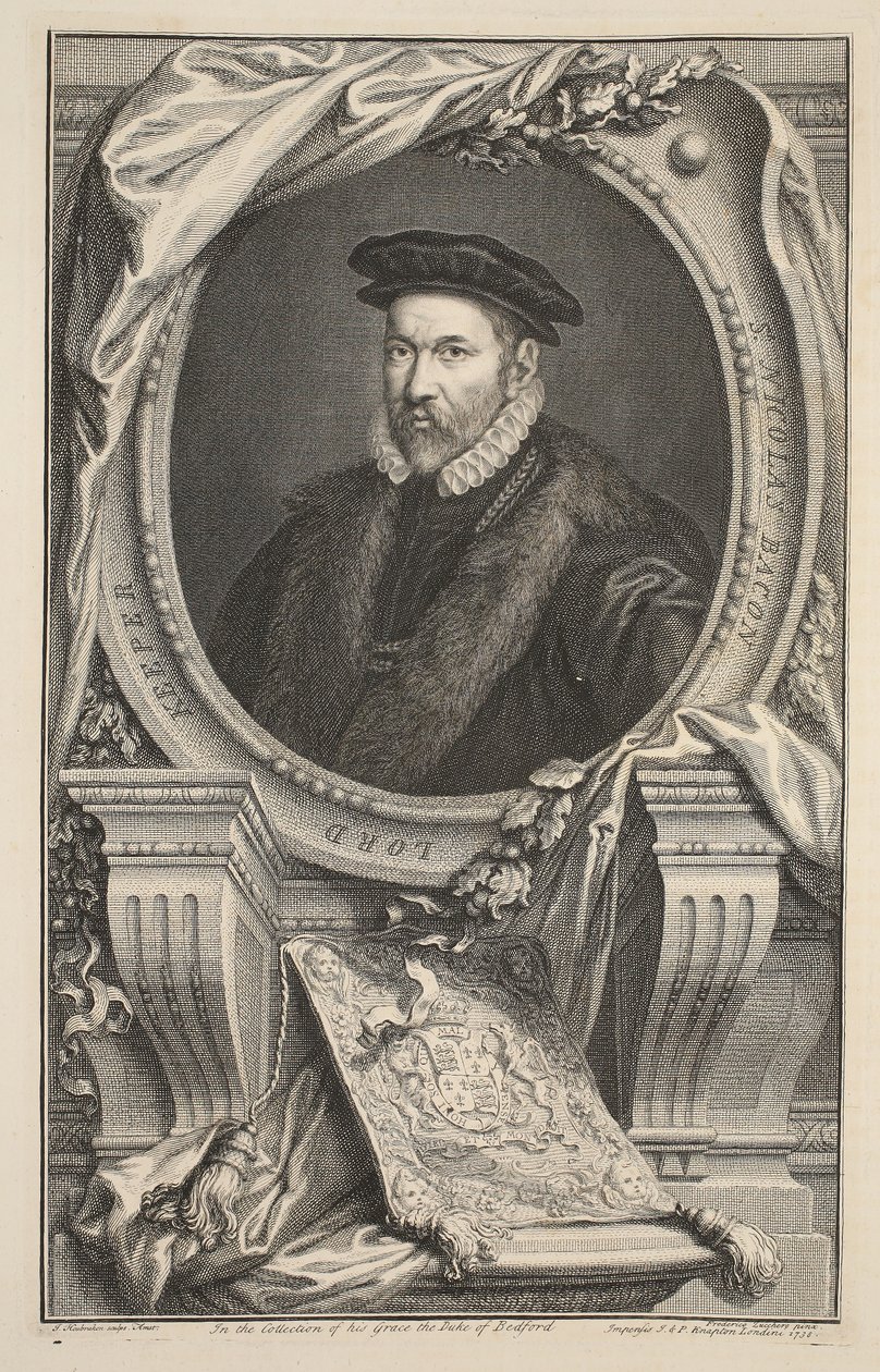 Portræt af Nicholas Bacon, illustration fra "Heads of Illustrious Persons of Great Britain", udgivet af Knapton, London 1742 af Jacobus Houbraken
