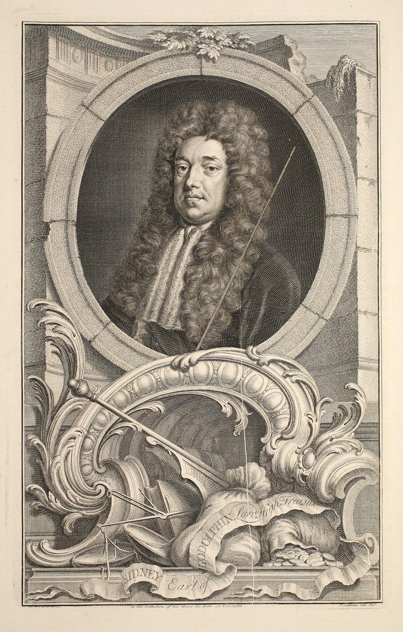 Portræt af Sidney, jarl af Godolphin, illustration fra "Heads of Illustrious Persons of Great Britain", udgivet af Knapton, London 1742 af Jacobus Houbraken