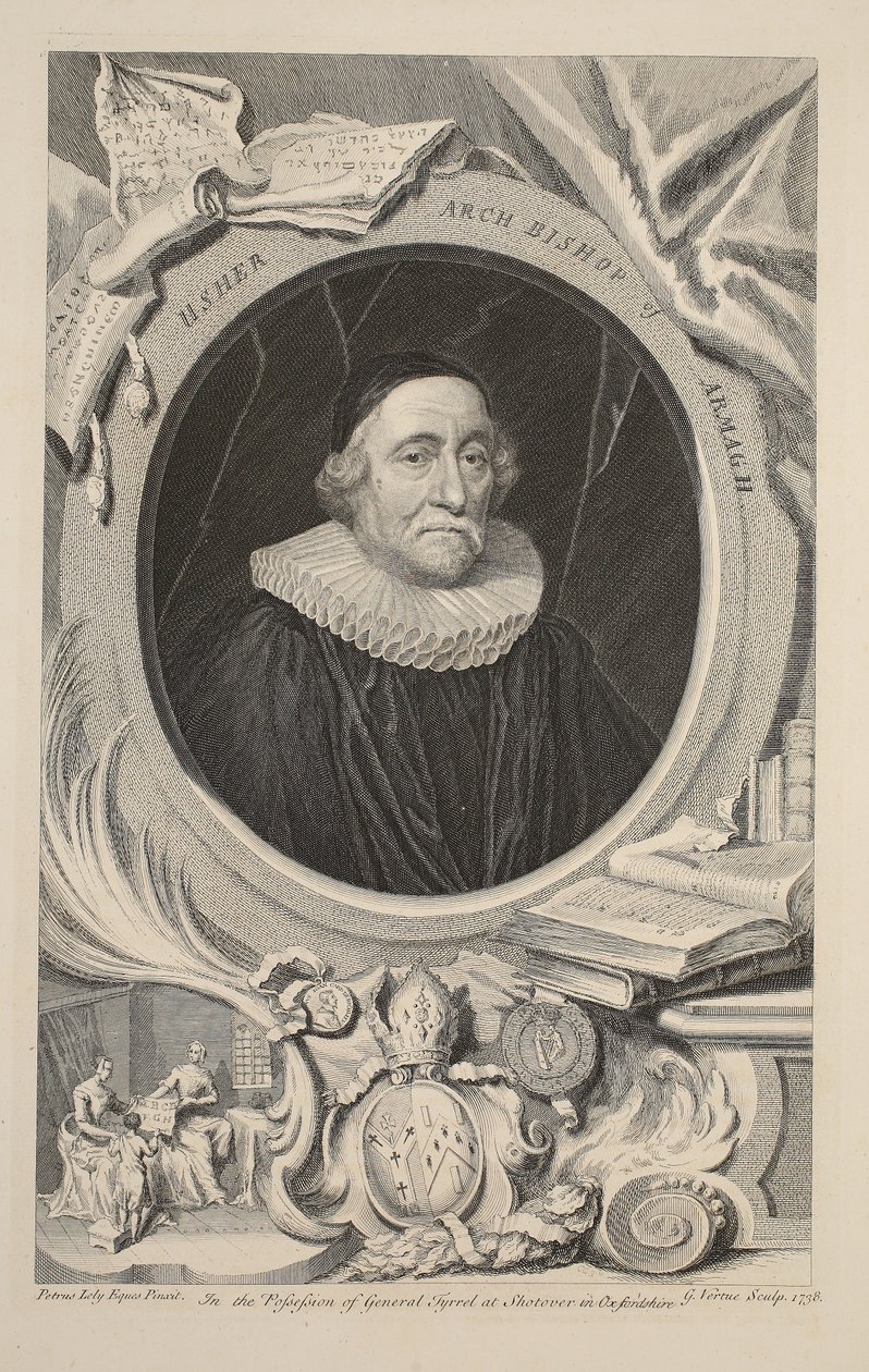 Portræt af Usher, ærkebiskop af Armagh, illustration fra "Heads of Illustrious Persons of Great Britain", udgivet af Knapton, London 1742 af Jacobus Houbraken