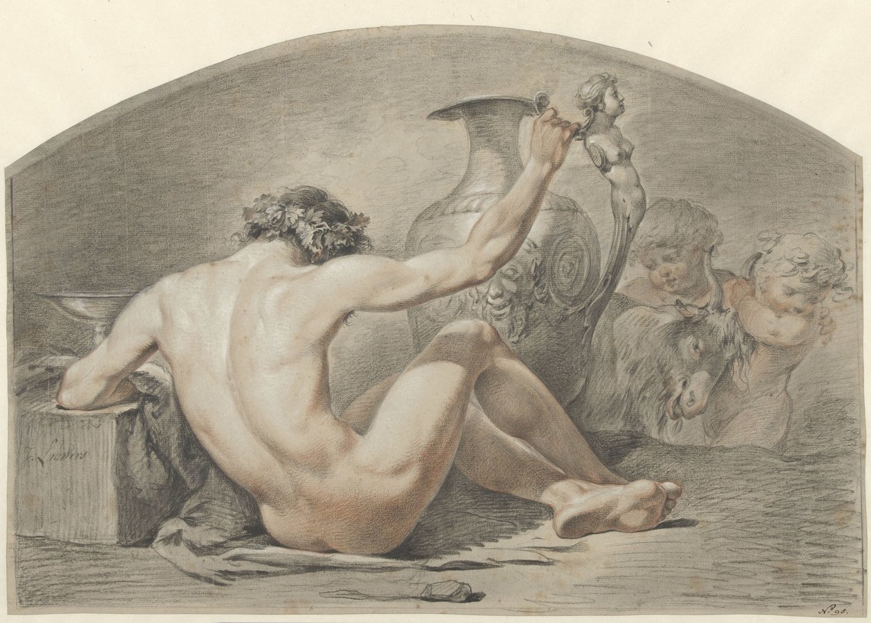 Siddende nøgen mand, hånd på håndtaget af en vase af Jacobus Johannes Lauwers