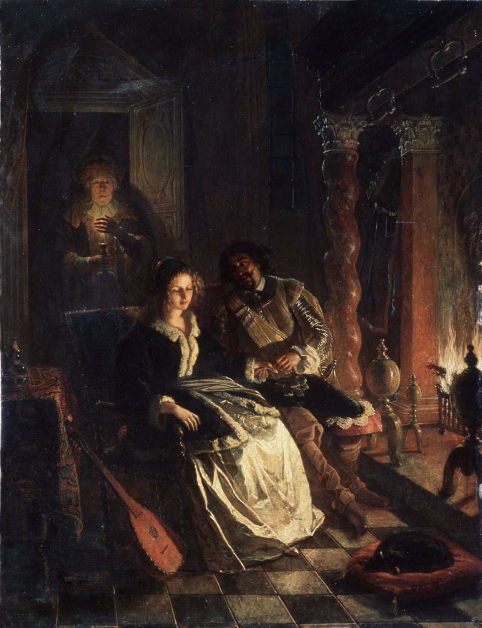 ""Le Rendez vous"" (Rendezvous) Forførelsesscene, en ung pige, der bejleres af en herre, der erklærer sin kærlighed til hende ved pejsen. Maleri af Jacob Joseph Eckhout (1793-1861) 1852 Statens kunstmuseum i Den Hviderussiske Republik, Minsk, Hviderusland af Jacobus Josephus Eeckhout