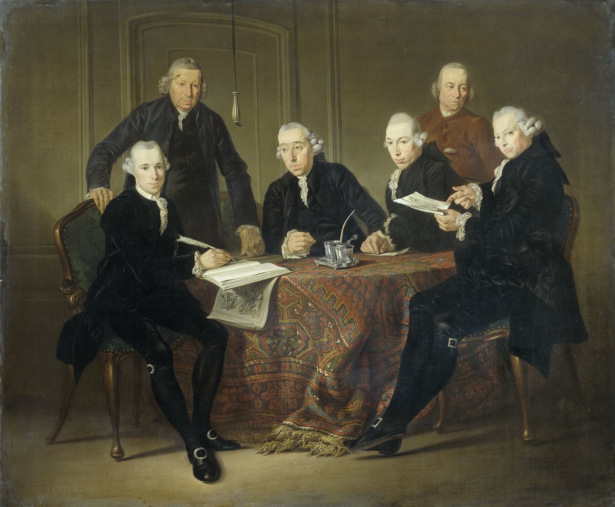 De fire regenter, sekretæren og husfaderen for de spedalskes hus i Amsterdam, 1773 af Jacobus Luberti Augustini