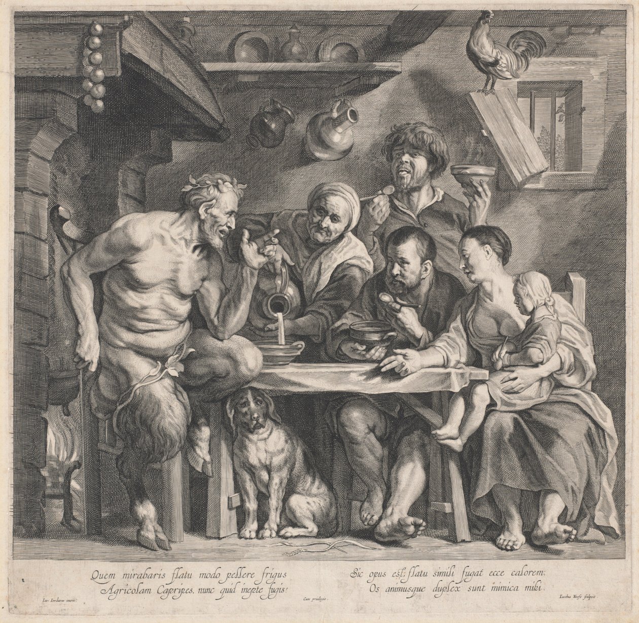 En satyr på besøg hos en bondefamilie af Jacobus Neeffs, after Jacob Jordaens