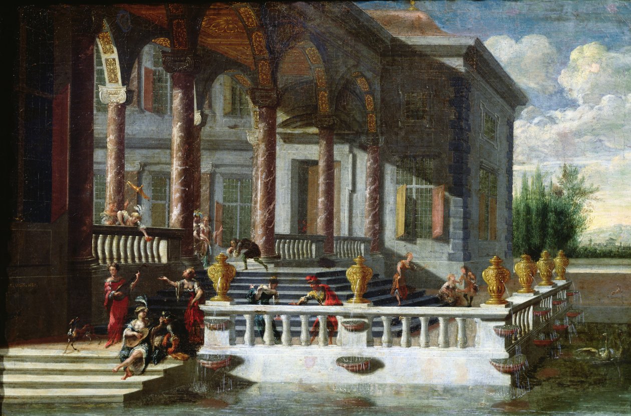 Italiensk palads med galleri og terrasse (maleri) af Jacobus Saeys
