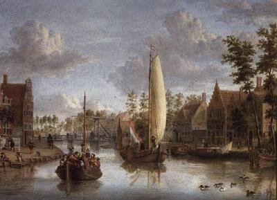 En kanal med pramme af Jacobus Storck