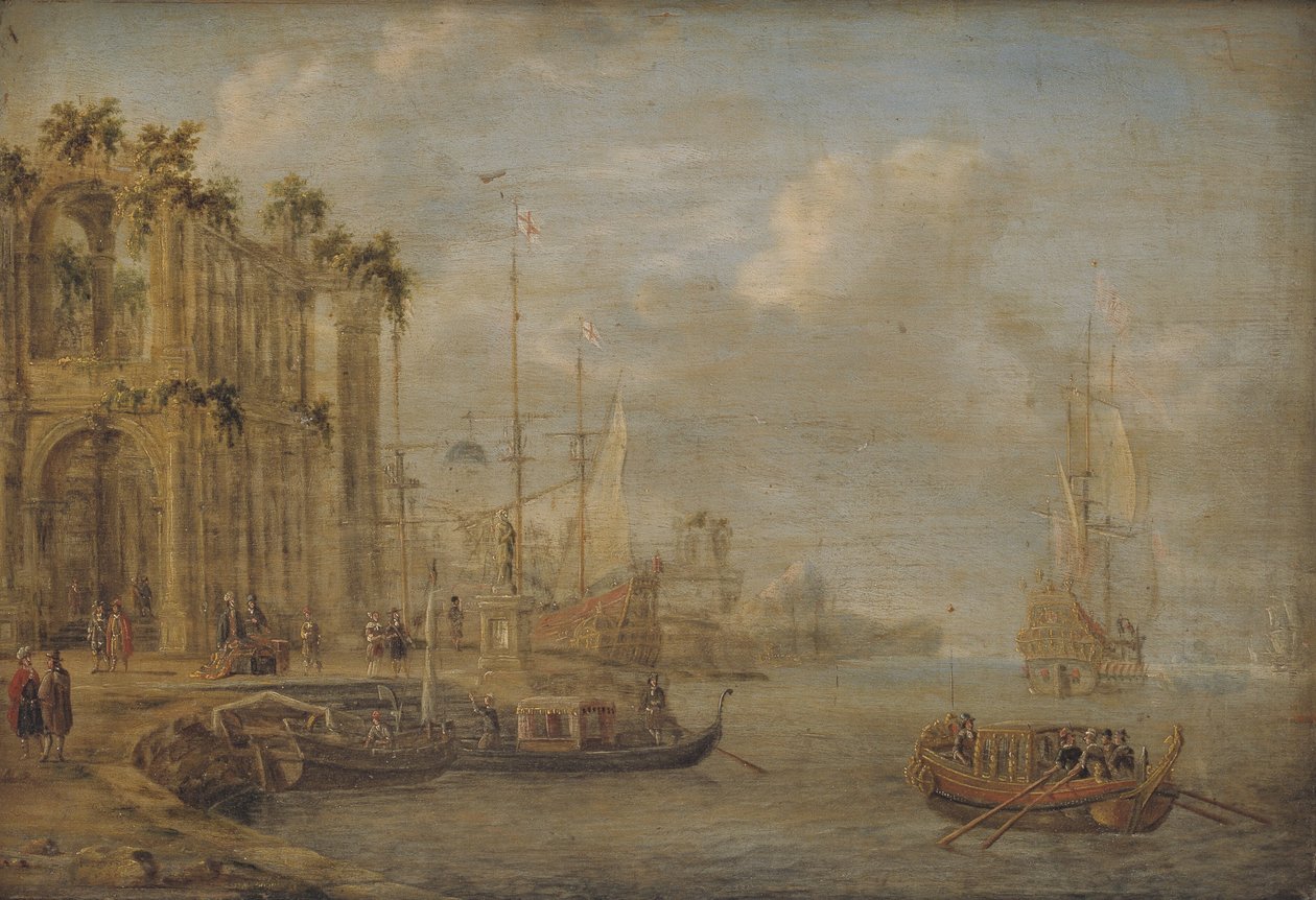 Havnescene med antikke ruiner af Jacobus Storck