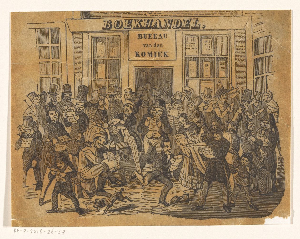 Mængde foran en boghandel for at få De Komiek af Jacobus Wilhelmus Adrianus Hilverdink (possibly)
