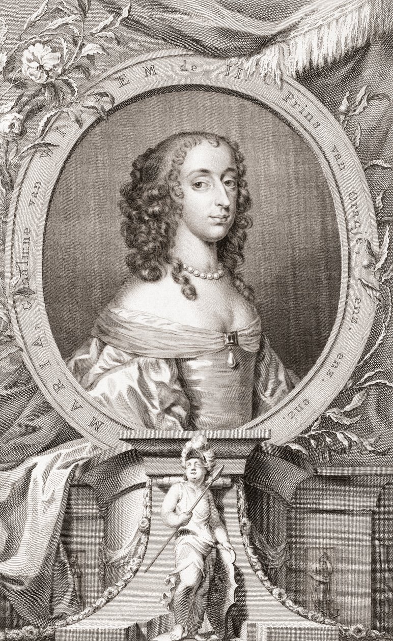 Mary, prinsesse Royal, prinsesse af Orange, grevinde af Nassau (1631-60) Datter af kong Charles I af England og hans kone Henrietta Maria af Frankrig, mor til kong William III af England (gravering) af Jacobus and Vertue George Houbraken