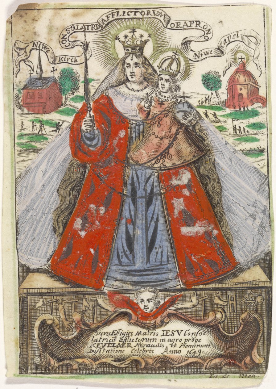 Mary med barn med to kirkebygninger bag sig af Jacobus de Man (I)