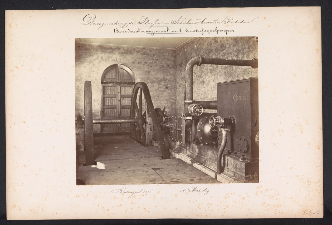 Damppumpestation med centrifugalpumper / Kralingen den 14. maj 1869 (titel på objekt) Genvinding af søerne i Schieland øst for Rotterdam (serietitel på objekt) af Jacobus van Gorkom jr.