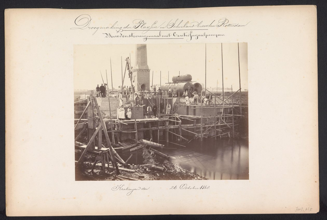 Damppumpestation med centrifugalpumper / Kralingen den 26. oktober 1868 (titel på objekt) Genvinding af søerne i Schieland øst for Rotterdam (serietitel på objekt) af Jacobus van Gorkom jr.