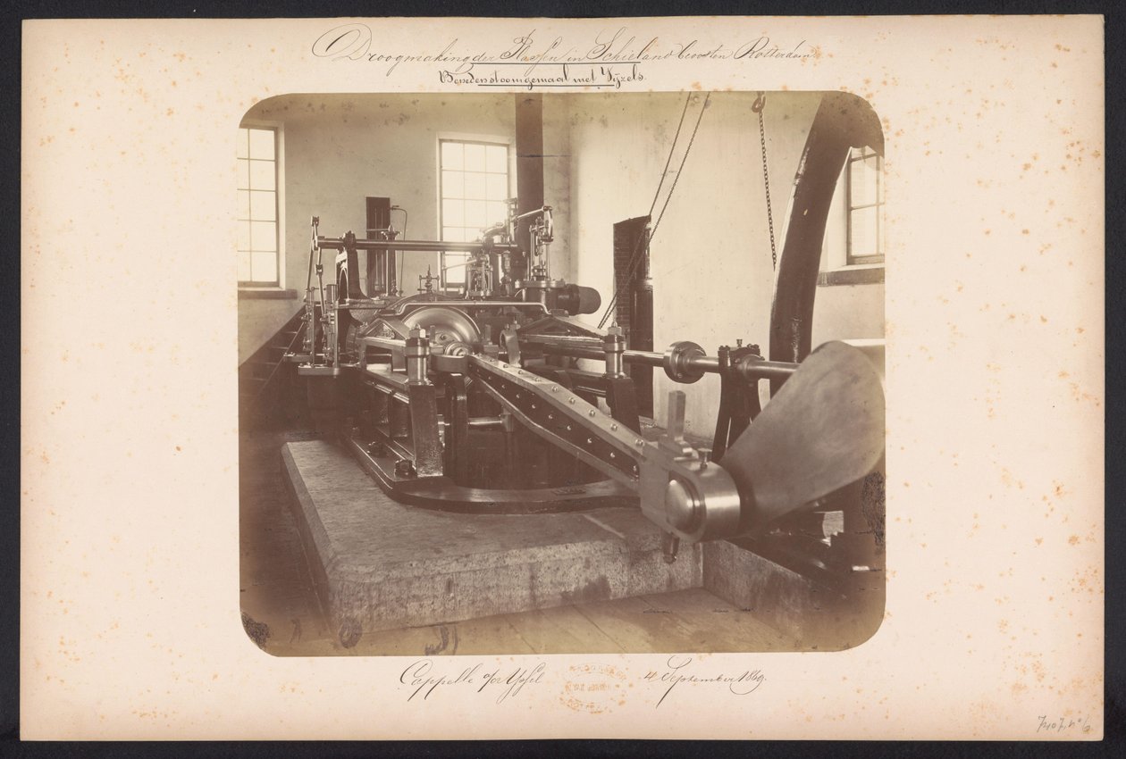 Nedenfor damppumpestation med Vijzels / Capelle aan den IJssel 4. september 1869 (titel på objekt) Genvinding af søerne i Schieland øst for Rotterdam (serietitel på objekt) af Jacobus van Gorkom jr.