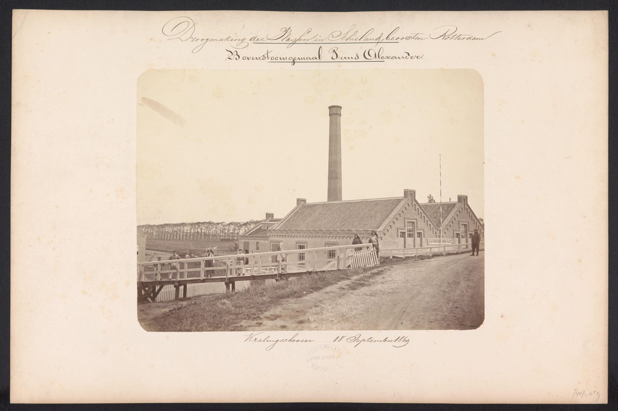 Bovenstoom pumpestation Prins Alexander / Kralingscheveer 18. september 1869 (titel på objekt) Genvinding af søerne i Schieland øst for Rotterdam (serietitel på objekt) af Jacobus van Gorkom jr.