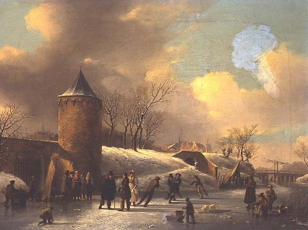 Skatere på en frossen vandvej ved et tårn af Jacobus van der Stok